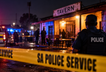 An AI-generated illustration depicting a police response outside a tavern following a mass shooting.