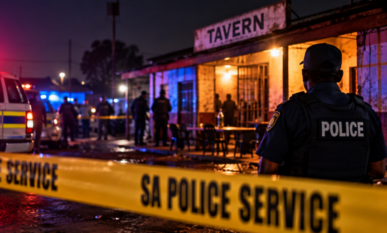 An AI-generated illustration depicting a police response outside a tavern following a mass shooting.