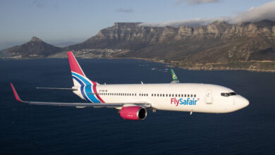 A FlySafair aircraft in flight. The airline confirmed that one of its aircraft was held at King Phalo Airport on Wednesday, 21 October 2026, following a reported bomb threat. Photograph: FlySafair