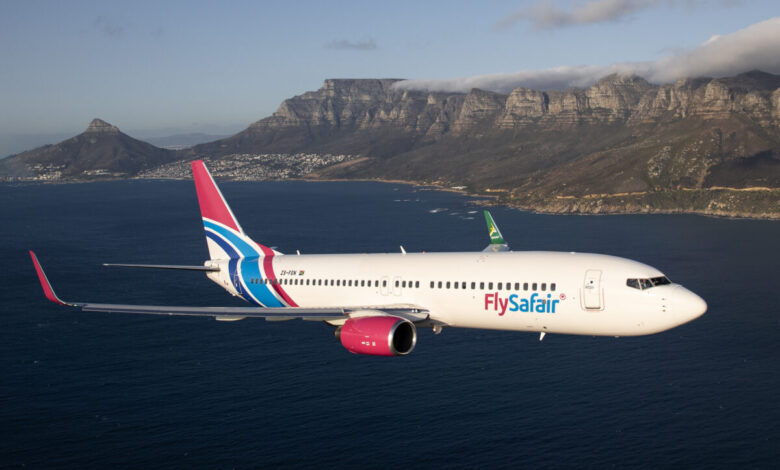 A FlySafair aircraft in flight. The airline confirmed that one of its aircraft was held at King Phalo Airport on Wednesday, 21 October 2026, following a reported bomb threat. Photograph: FlySafair